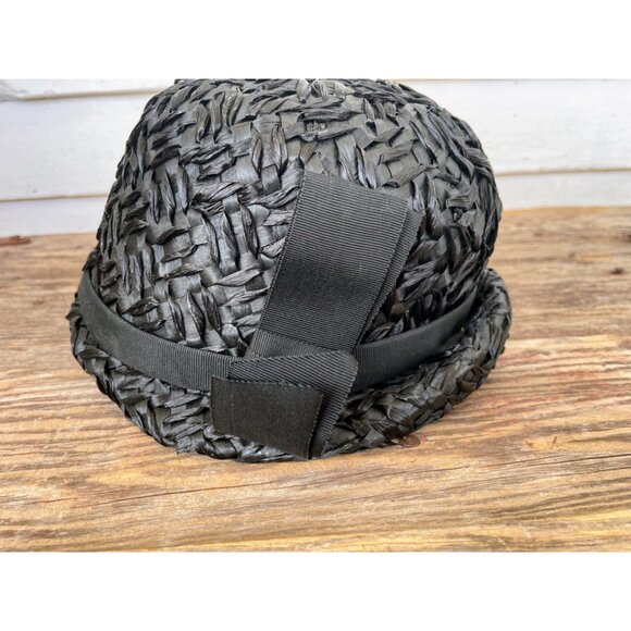 Vintage 1960s Black Raffia Straw Raffia Cloche' Womens Hat MOD - Picture 7 of 13